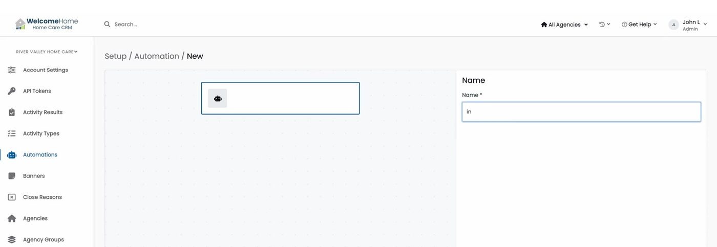 The automation builder: the canvas on the left and the Name step on the right. The Inactive toggle at the bottom stays disabled until the automation is created.