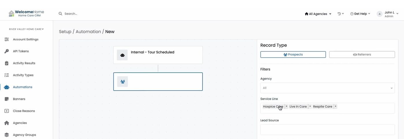 The Record Type step with the Prospects/Referrers toggle and the Service Line filter holding multiple selections as chips.