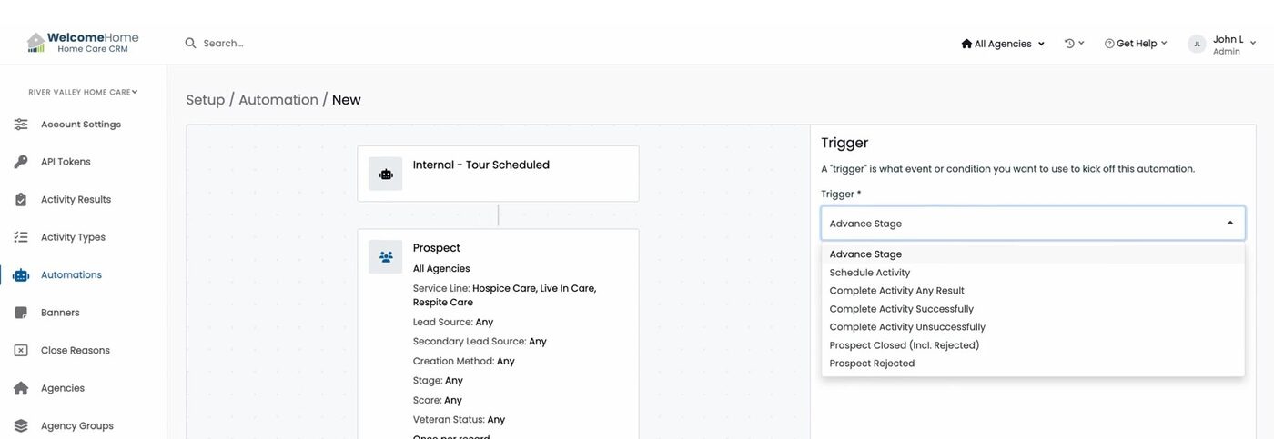The Trigger step with the Trigger dropdown expanded. The canvas card shows a live summary of the record type and filters selected so far.