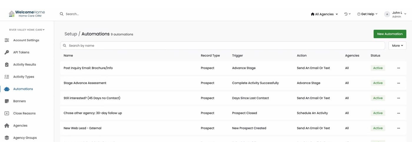 The Setup › Automations list view, with the green “New Automation” button in the top-right corner.