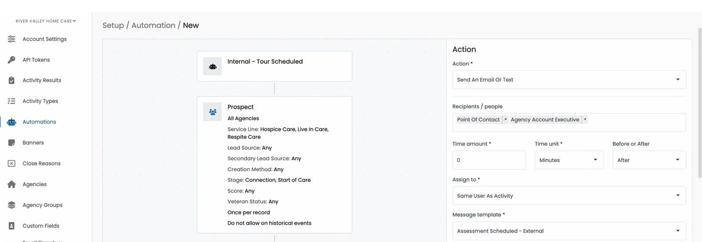 A completed Send an Email or Text action, with recipients, timing, an Assign to value, a message template, and delivery settings filled in.