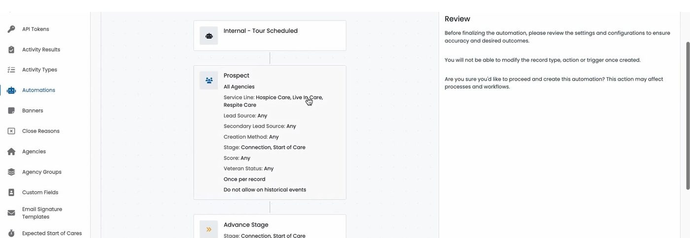 The Review step, showing the full summary of the record type, trigger, and action, with the notice that record type, action, and trigger cannot be changed after creation.