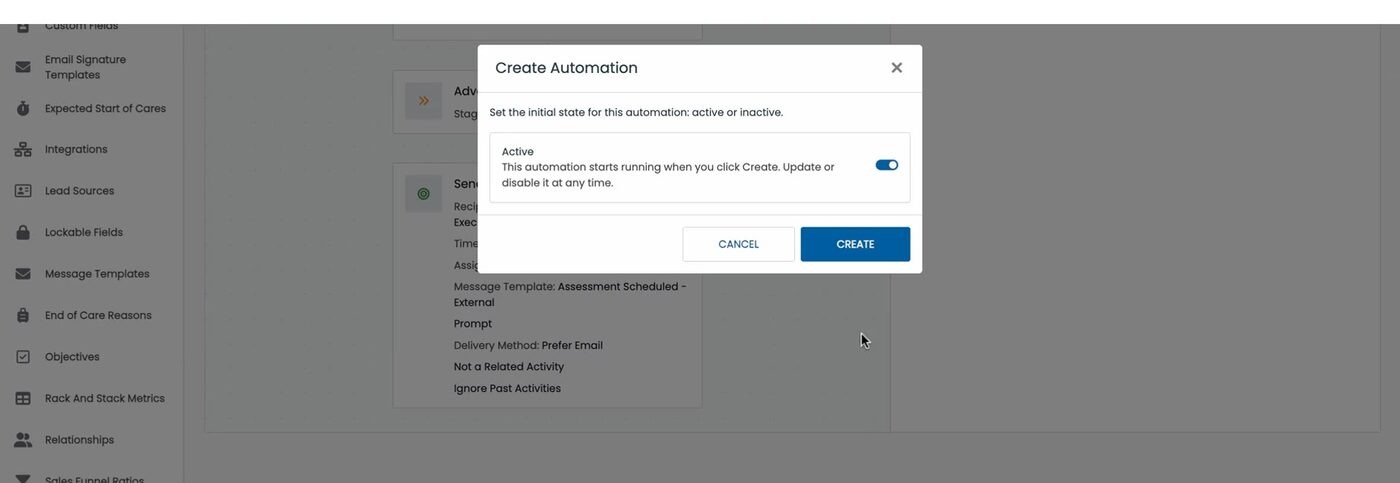 The “Create Automation” dialog with the Active/Inactive toggle. New and duplicated automations default to Inactive.